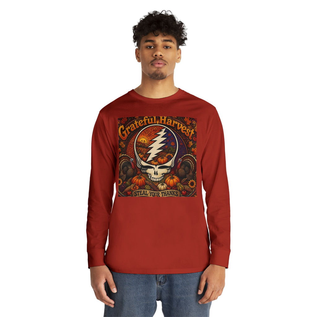 Grateful Harvest Skull with Lightning Bolt Long Sleeve Tee | Autumn Pumpkin Band Art, gift for deadhead, thanksgiving