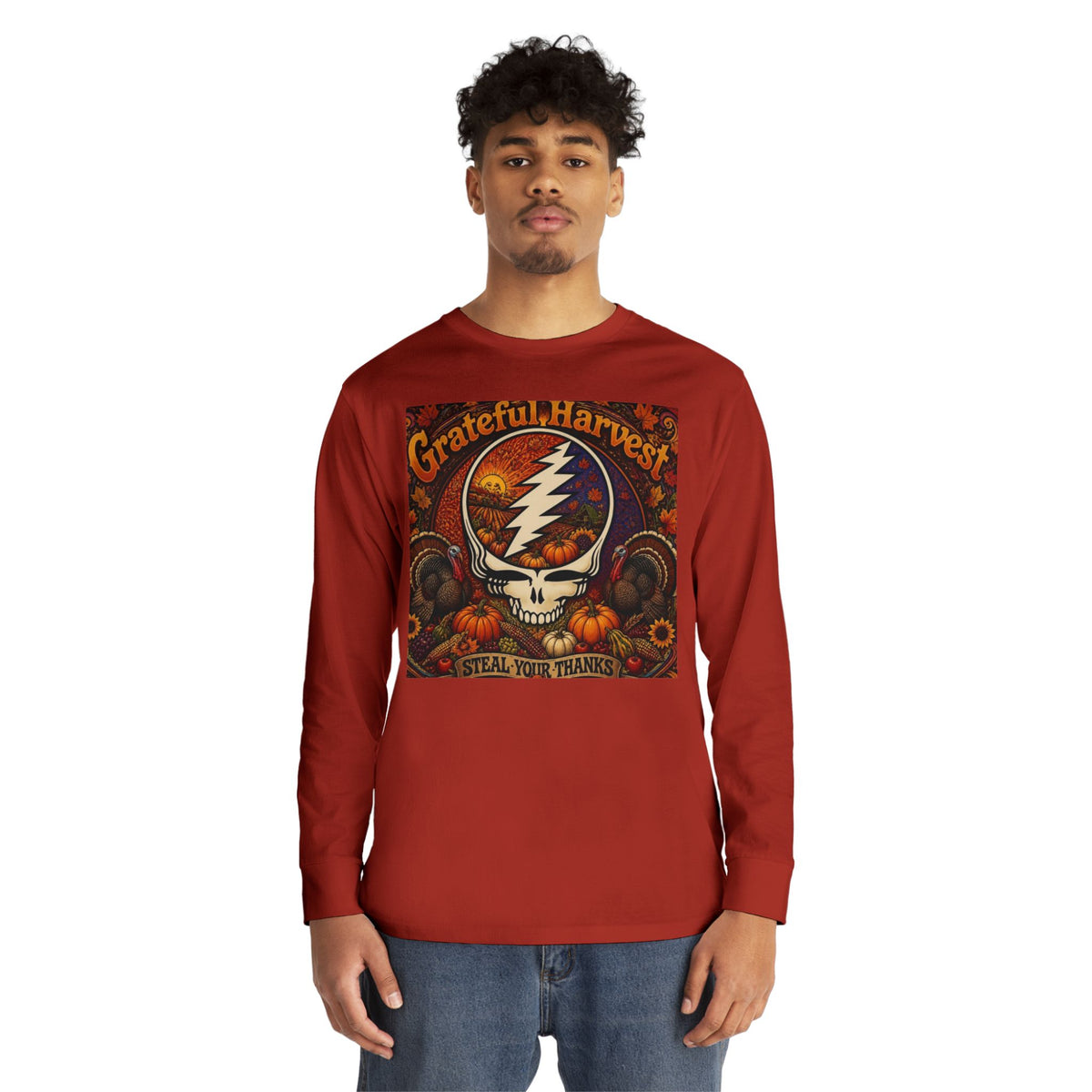 Grateful Harvest Skull with Lightning Bolt Long Sleeve Tee | Autumn Pumpkin Band Art, gift for deadhead, thanksgiving