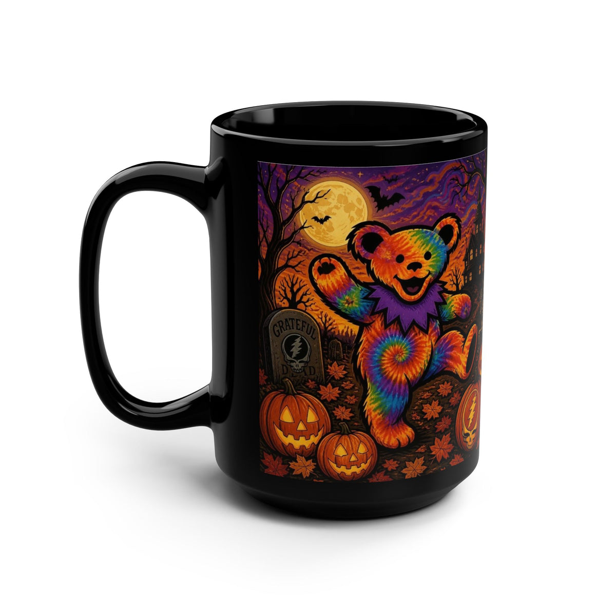 Tie-Dye Dancing Bear Halloween Mug | Spooky Pumpkin Graveyard, gift for deadhead