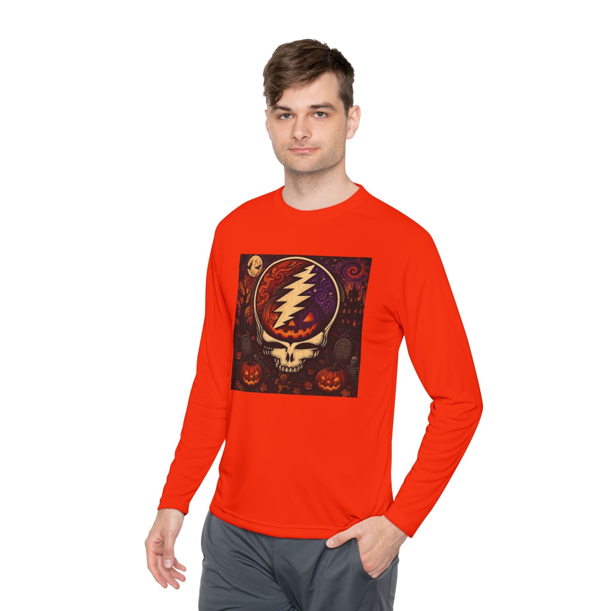 Gift for Deadhead, Grateful Dead Skull with Lightning Bolt Long Sleeve Tee | Halloween Jack-O'-Lanterns