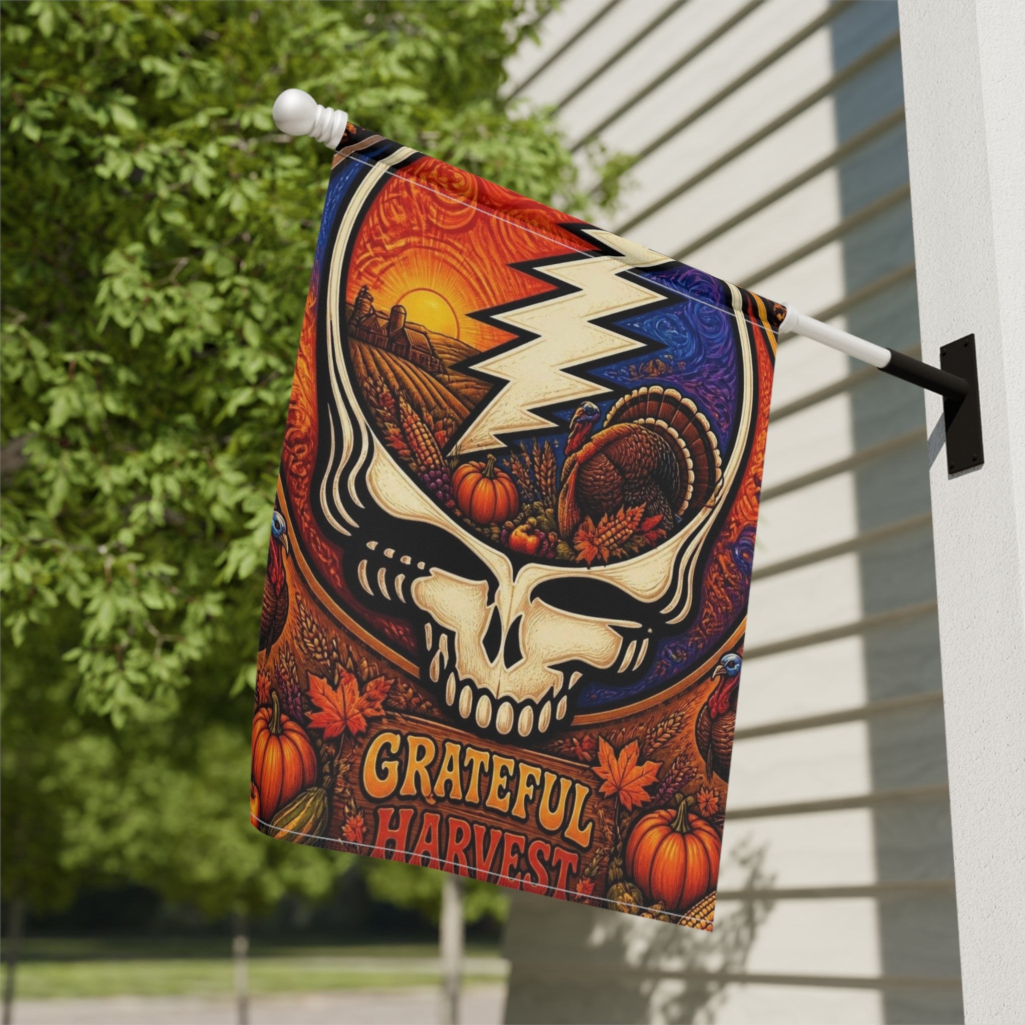 Grateful Harvest skull lightning Garden Flag | House Banner, Autumn Pumpkin Decor, Grateful Dead inspired