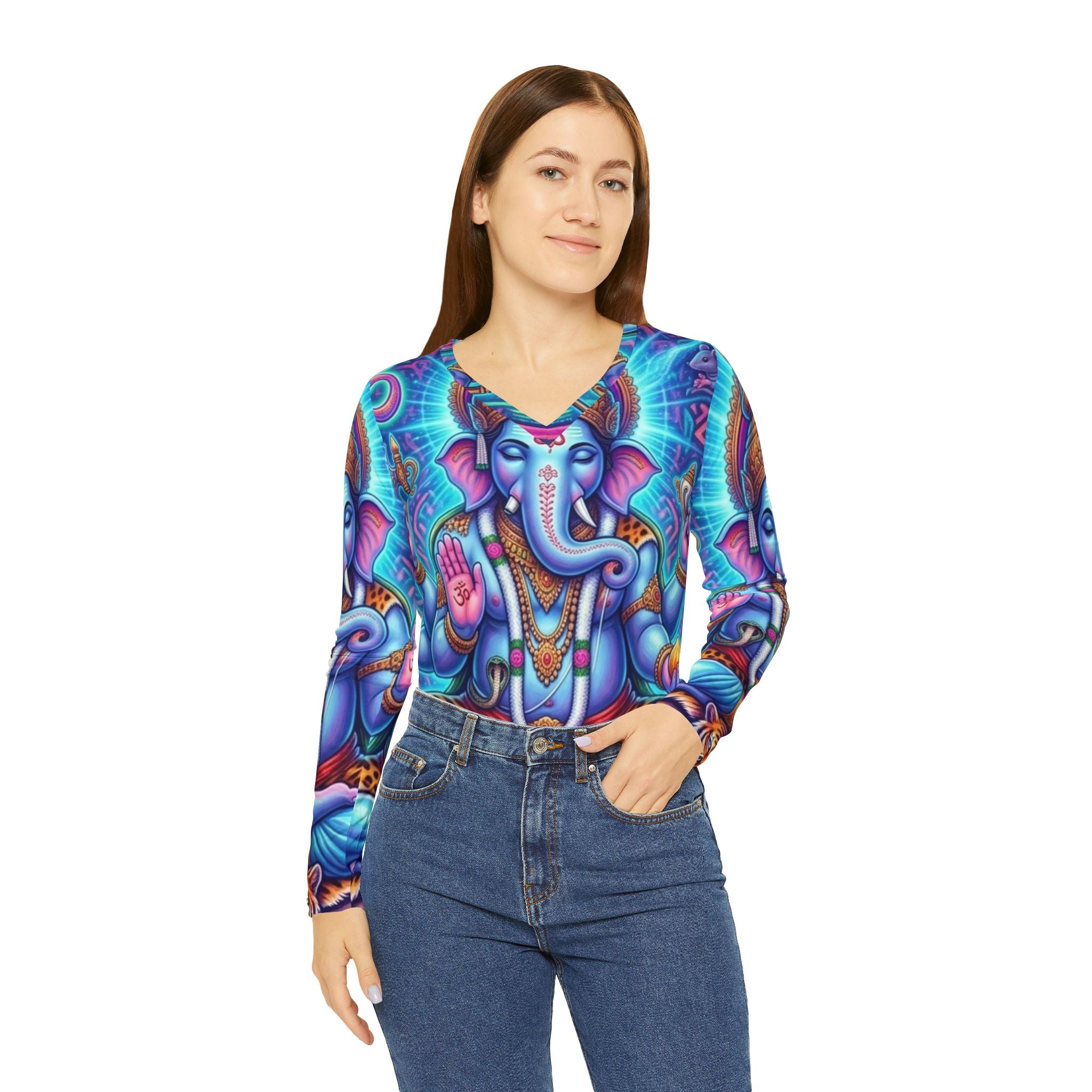 Blue Ganesha Illustration Long Sleeve gift for her, mom, friend, sister, yogi, yoga, hindu V-neck Shirt | Hindu Deity Art