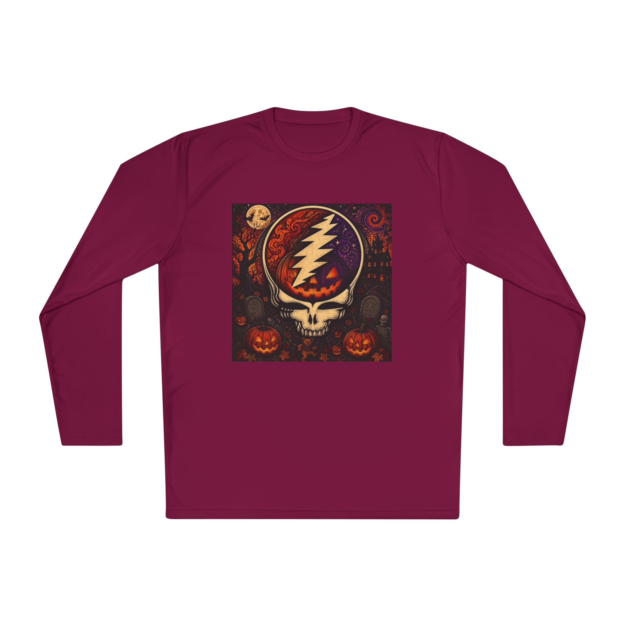 Gift for Deadhead, Grateful Dead Skull with Lightning Bolt Long Sleeve Tee | Halloween Jack-O'-Lanterns