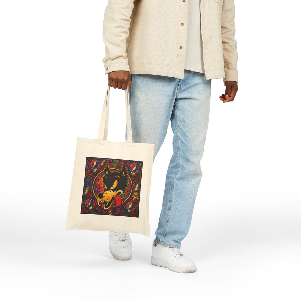 Retro Dire wolf Grateful Dead  Tote Bag | Psychedelic Badge Art, Vintage Style