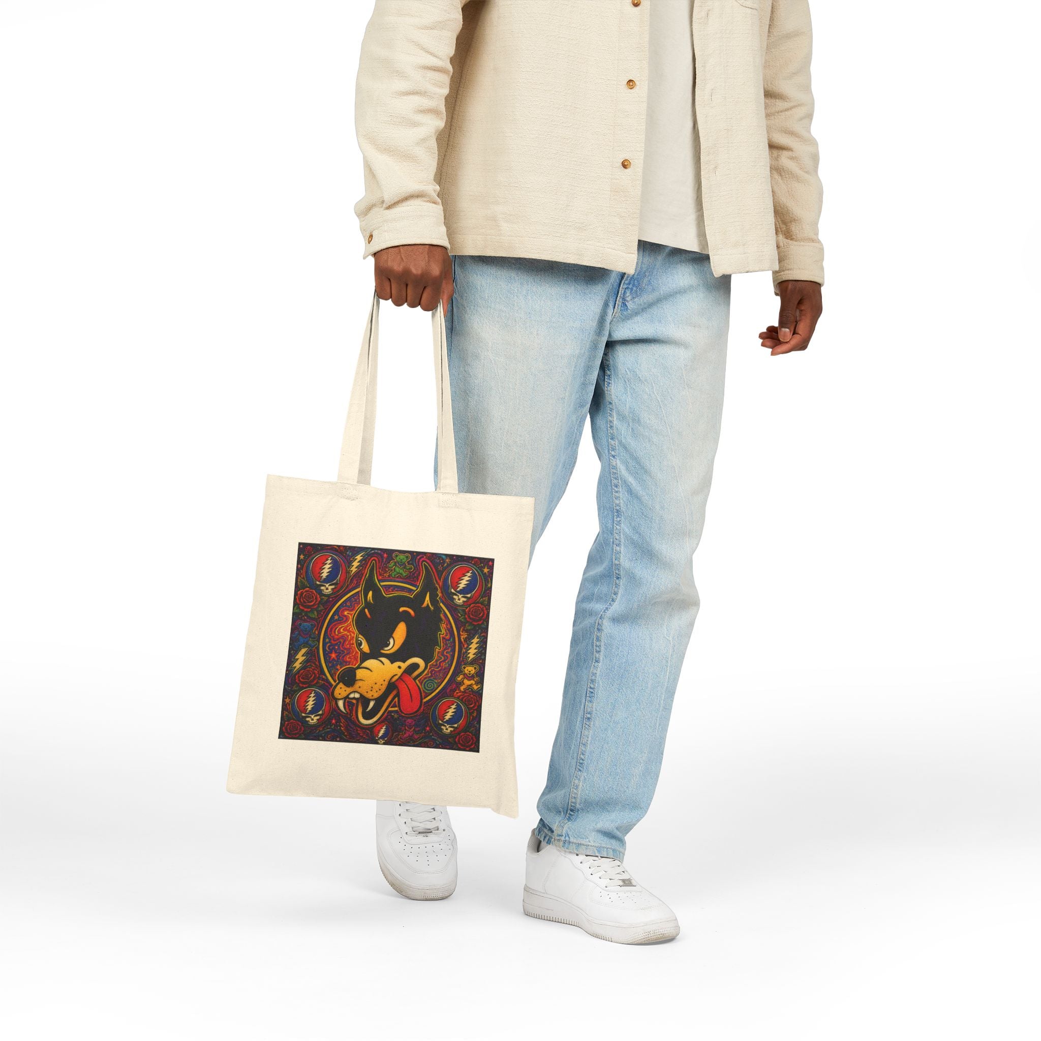 Retro Dire wolf Grateful Dead  Tote Bag | Psychedelic Badge Art, Vintage Style