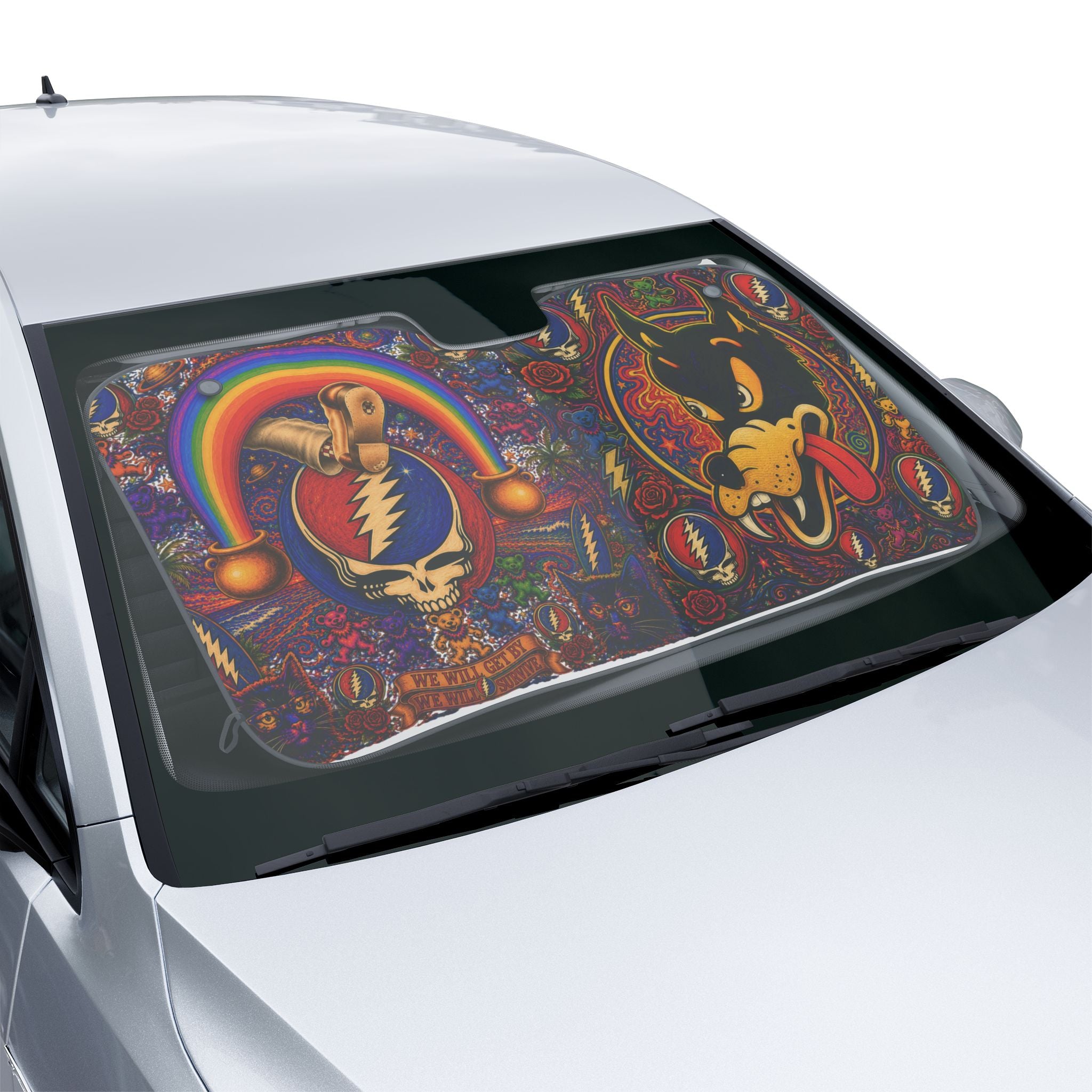 Psychedelic Grateful Dead Skull and Wolf Car Sun Shade | Windshield Sunshade