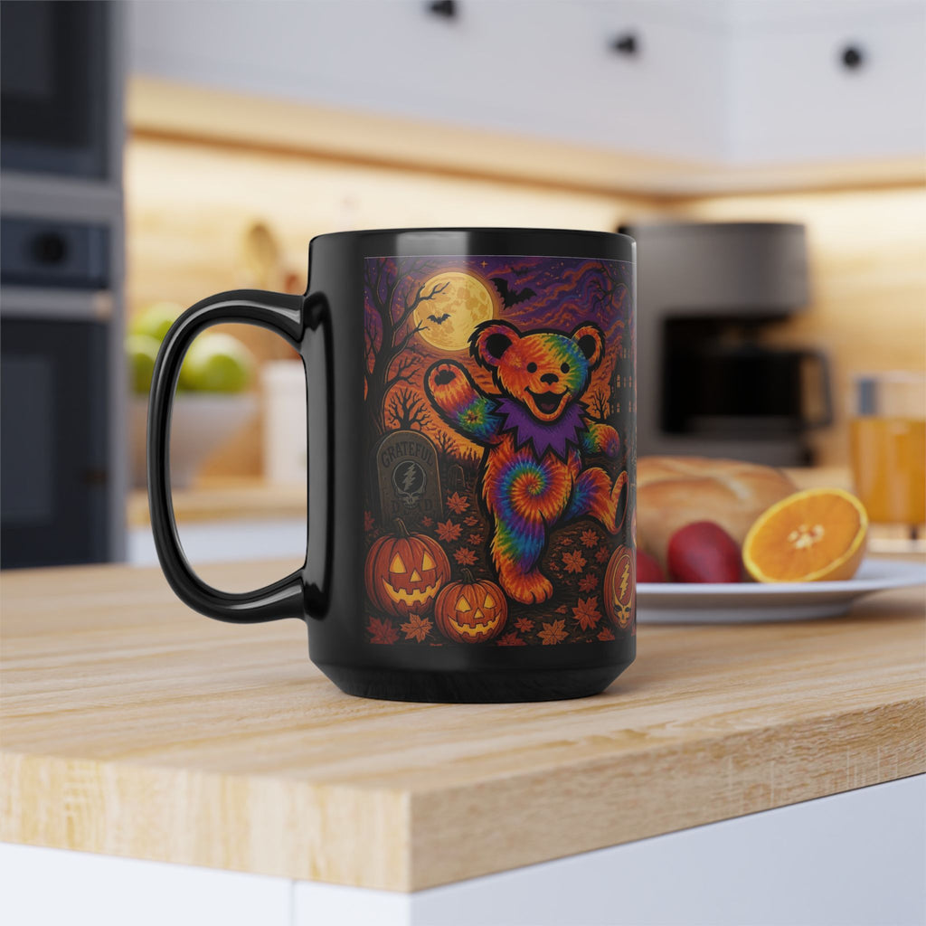 Tie-Dye Dancing Bear Halloween Mug | Spooky Pumpkin Graveyard, gift for deadhead