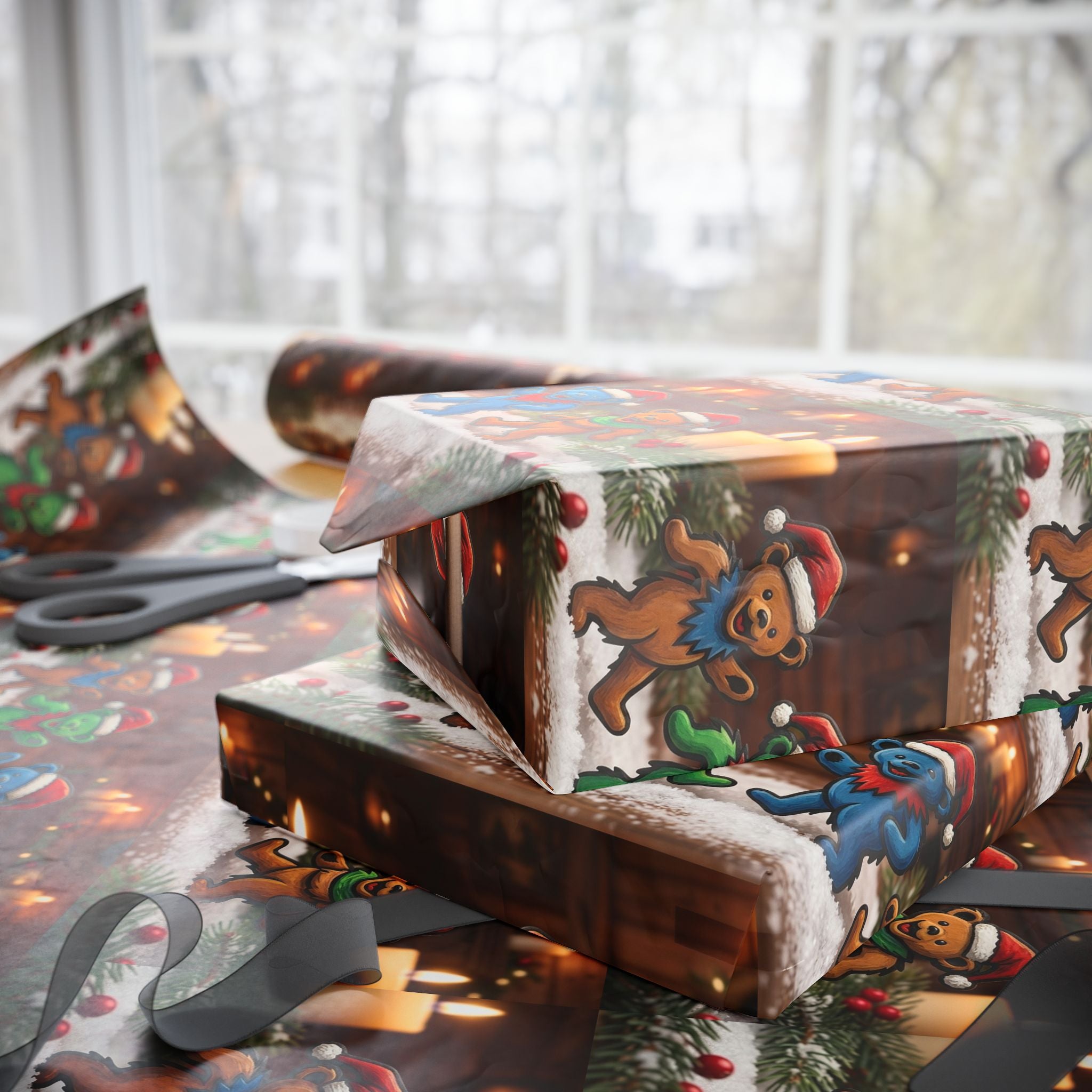 Gingerbread Plushies Pattern Wrapping Paper | Holiday Christmas Gift Wrap, grateful dead bear, gift for deadhead