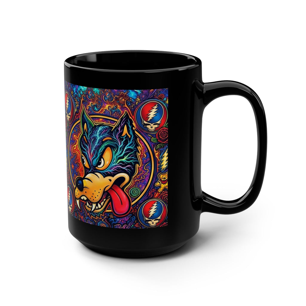 Psychedelic Dire Wolf with Grateful Dead Icons Mug | Black 15oz gift for a deadhead