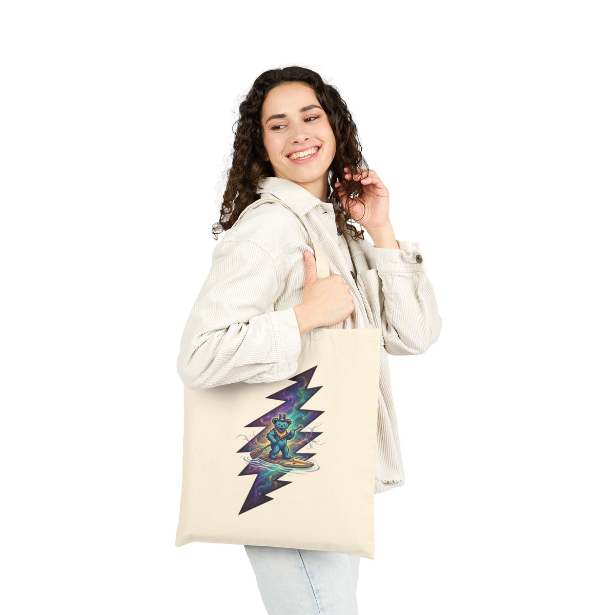 Grateful Dead Paddleboarding dead bear Cosmic Bear Lightning Bolt Tote Bag | Canvas Market Bag