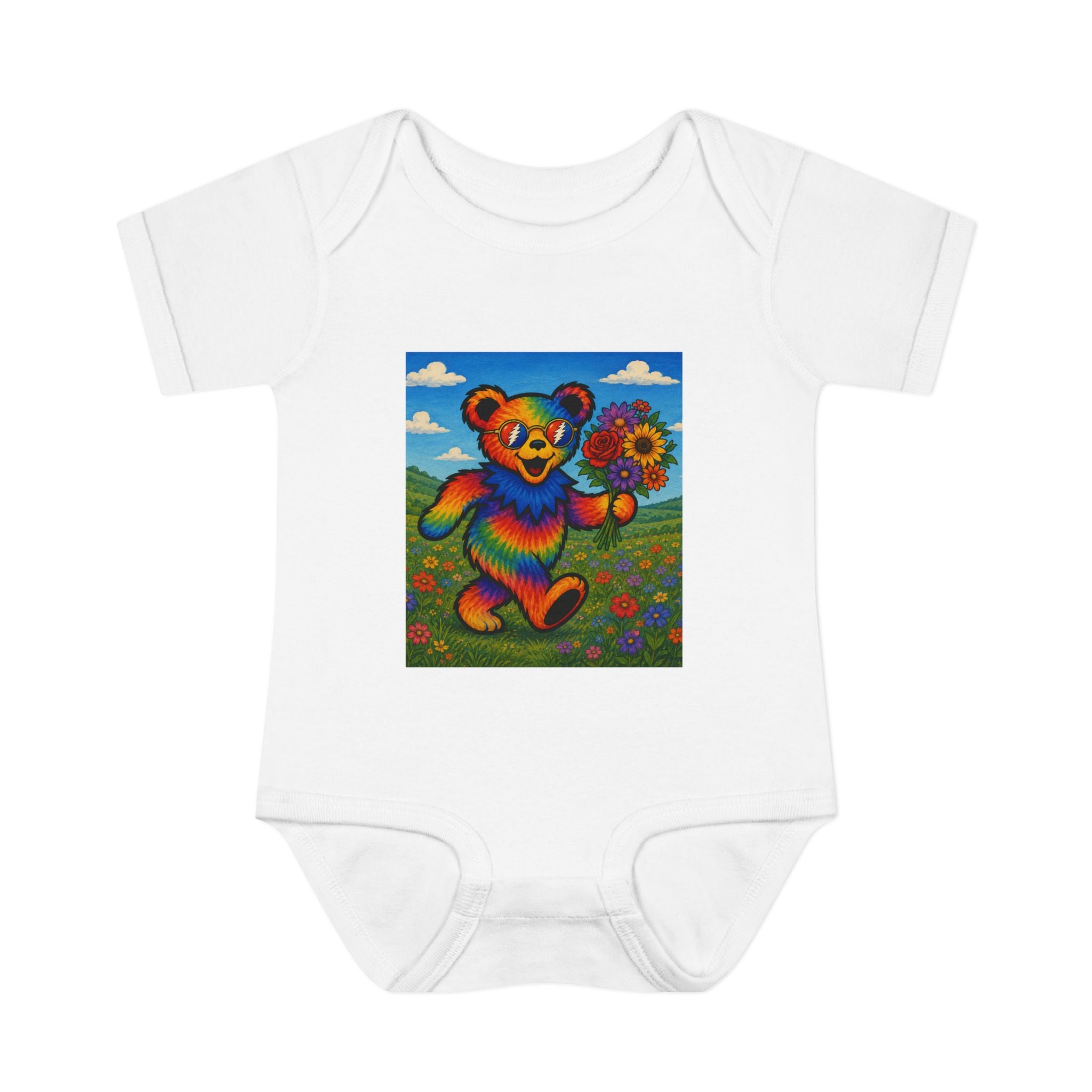 Grateful Dead Rainbow Tie Dye Bear Holding Sunflower Infant Bodysuit