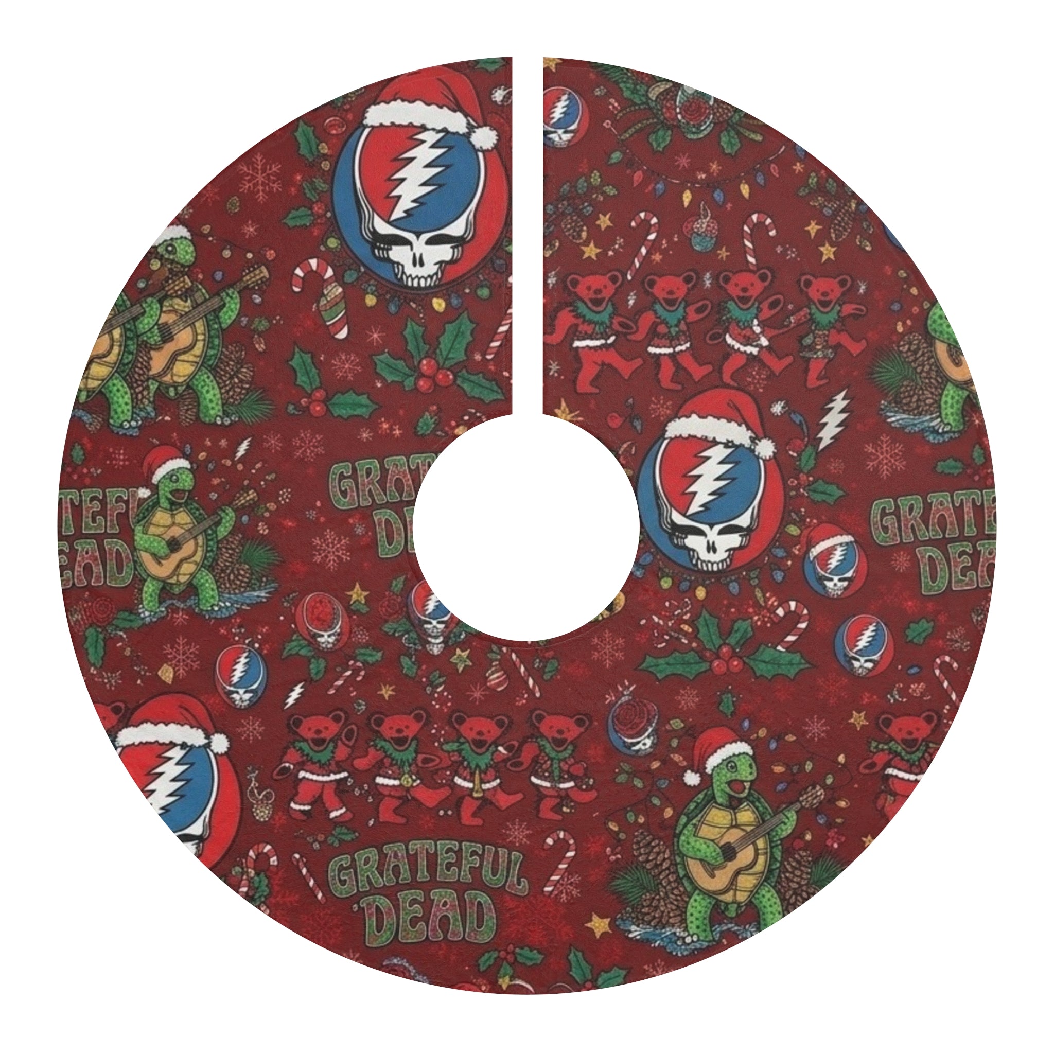 Grateful Dead Santa Icons Christmas Tree Skirt | Red Holiday Music Pattern