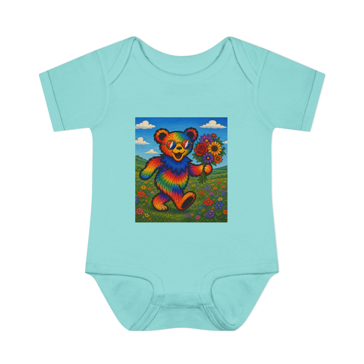 Grateful Dead Rainbow Tie Dye Bear Holding Sunflower Infant Bodysuit