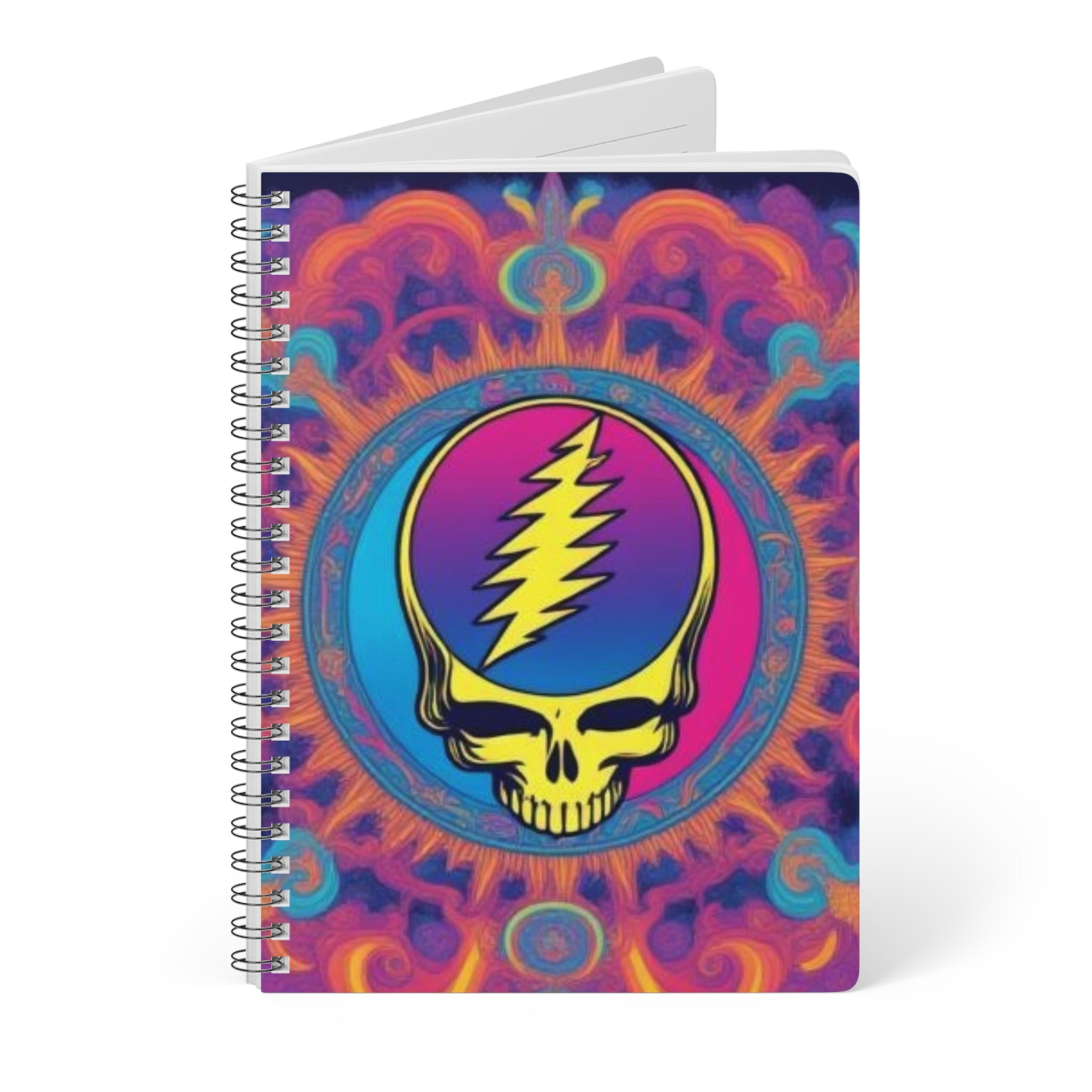 Psychedelic Steal Your Face Skull Notebook | Wirobound Softcover A5, gift for a deadhead, grateful dead inspired