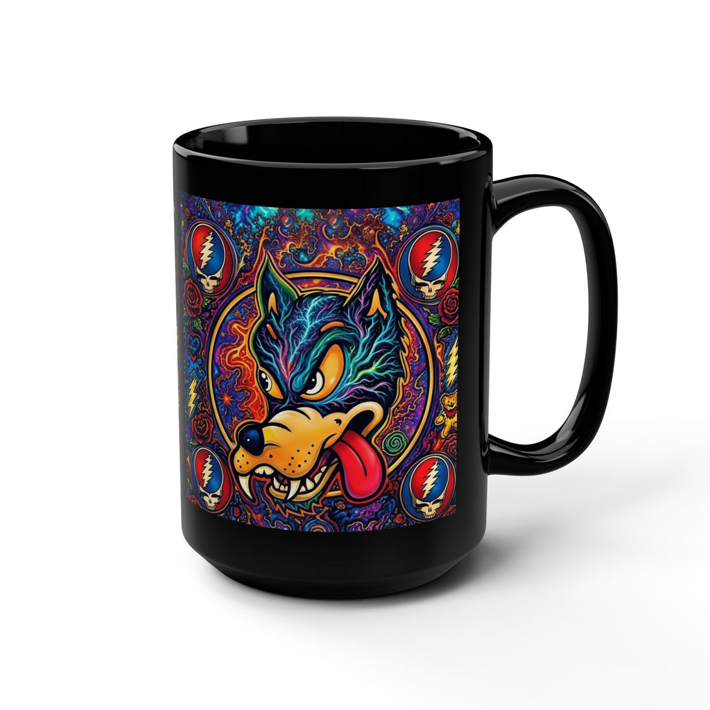 Psychedelic Dire Wolf with Grateful Dead Icons Mug | Black 15oz gift for a deadhead