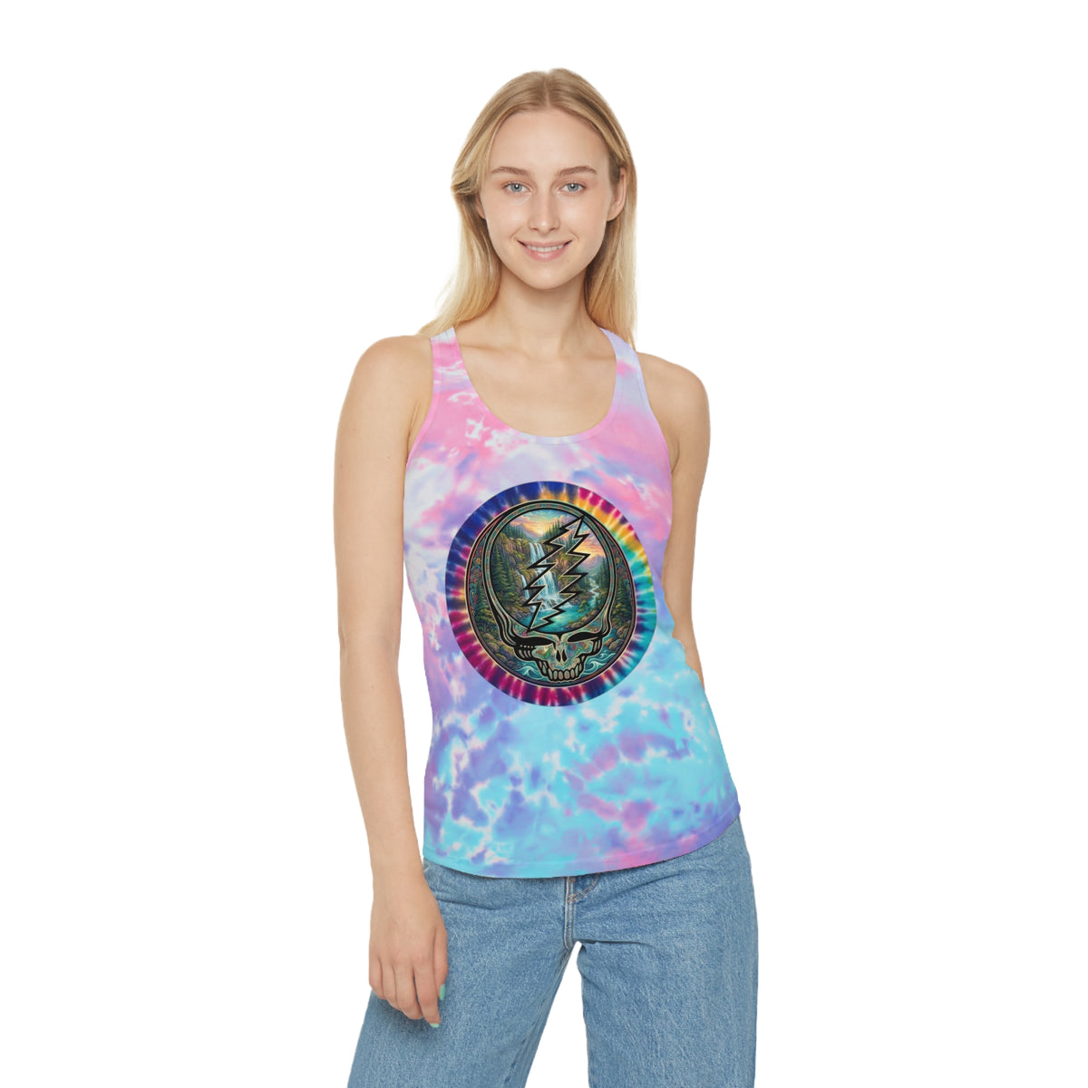 Steal Your Face Skull Lightning Bolt Tie Dye Racerback Tank, Grateful Dead Gift for a deadhead, her,him,dad,mom