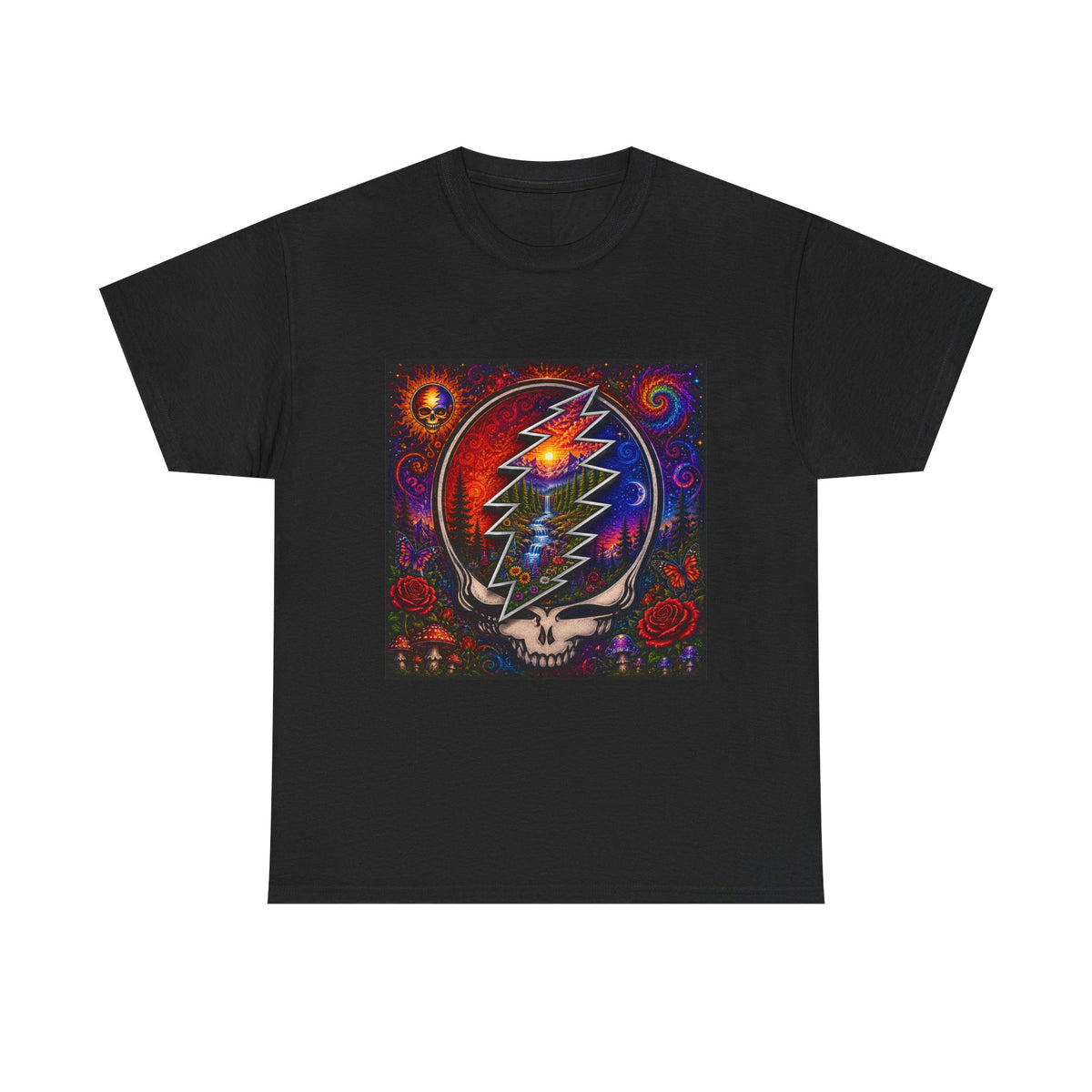 Psychedelic Steal Your Face Skull T-Shirt | Colorful Lightning Rose Grateful Dead Tee