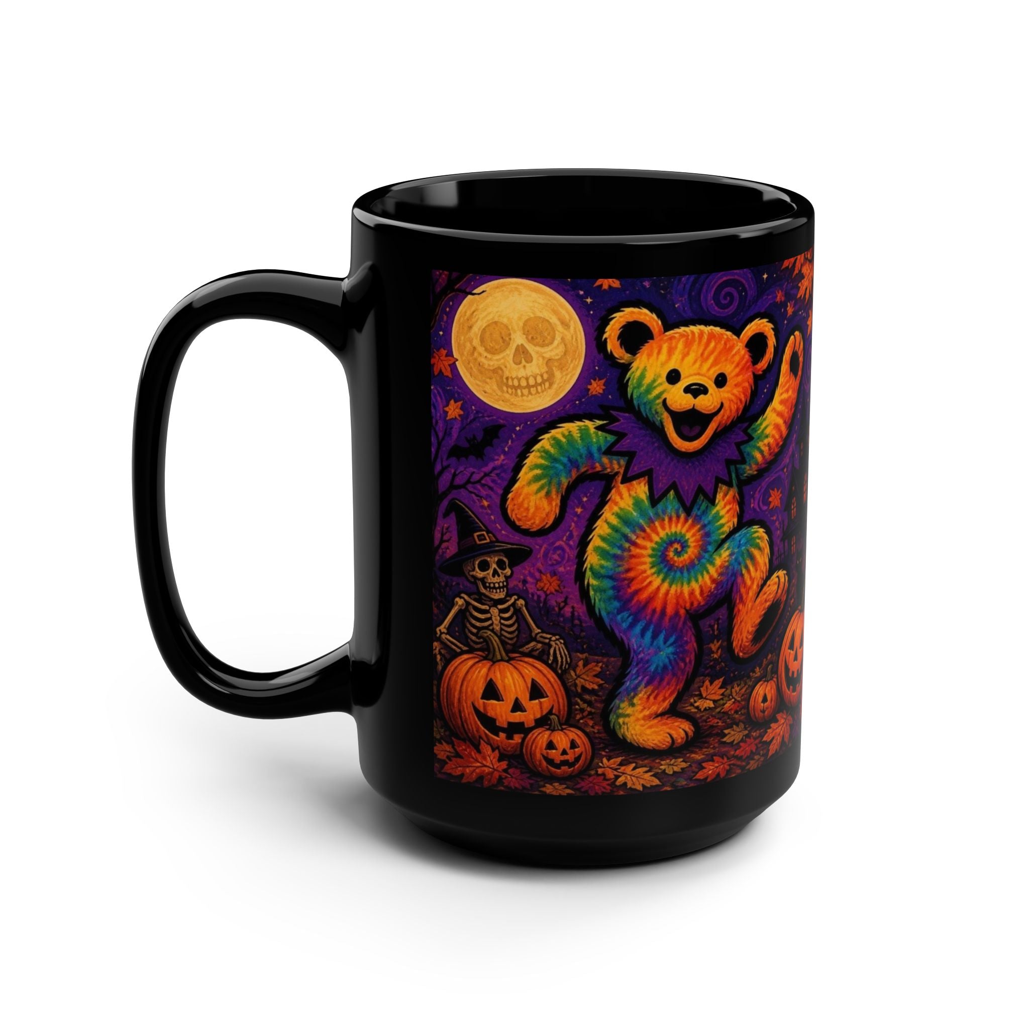 Tie-Dye Dancing Bear Halloween Mug, gift for a deadhead, Grateful Dead,  | 15oz Black Ceramic
