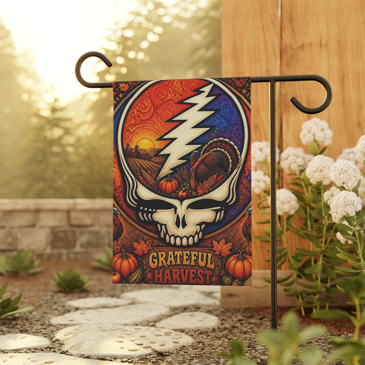Grateful Harvest skull lightning Garden Flag | House Banner, Autumn Pumpkin Decor, Grateful Dead inspired