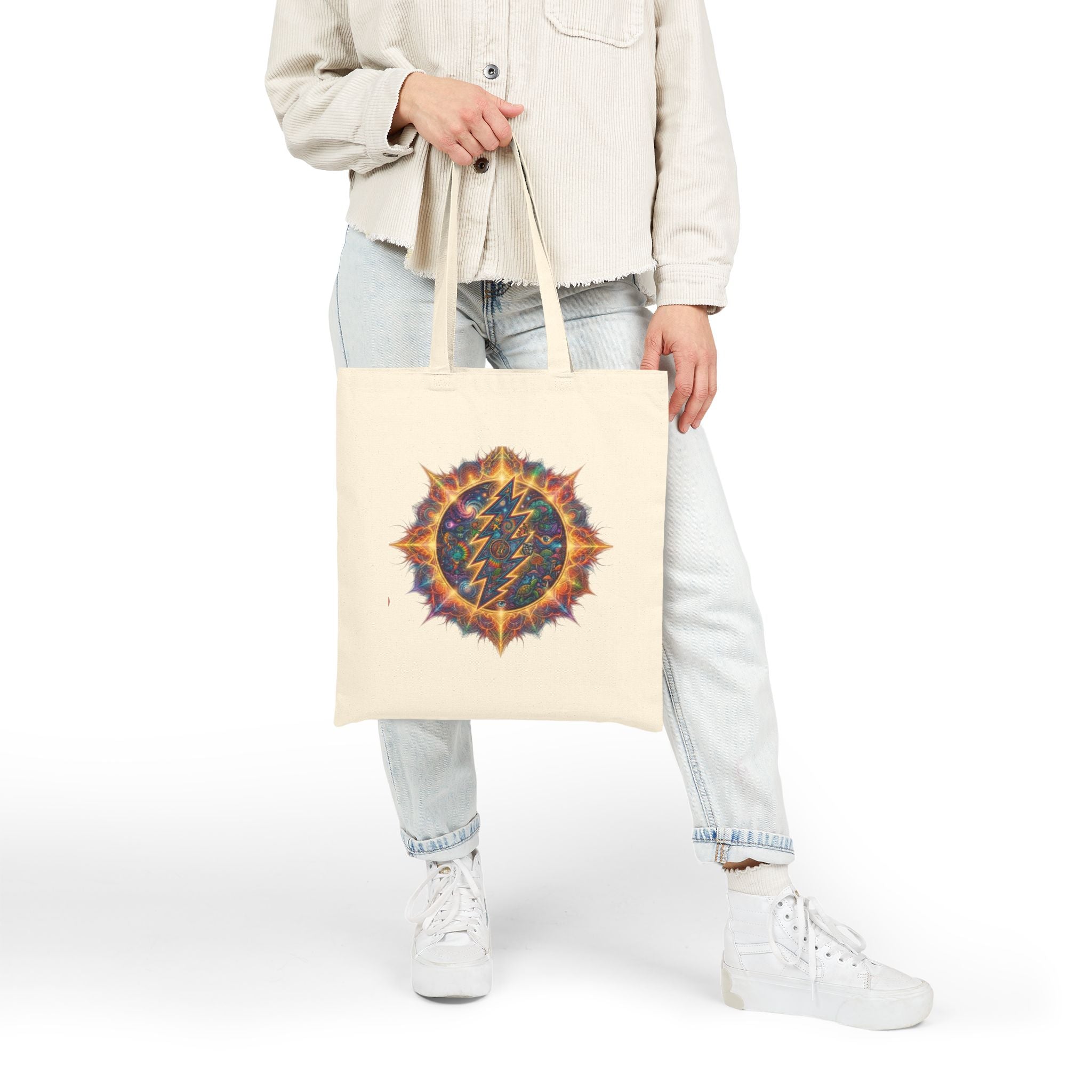 Grateful Dead Psychedelic Lightning Sun Tote Bag | Cosmic Bolt Canvas Tote