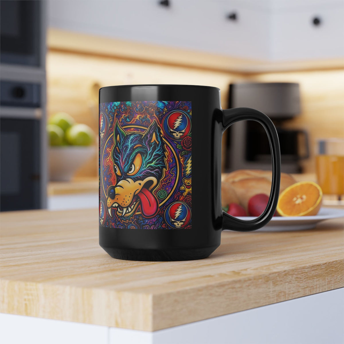 Psychedelic Dire Wolf with Grateful Dead Icons Mug | Black 15oz gift for a deadhead