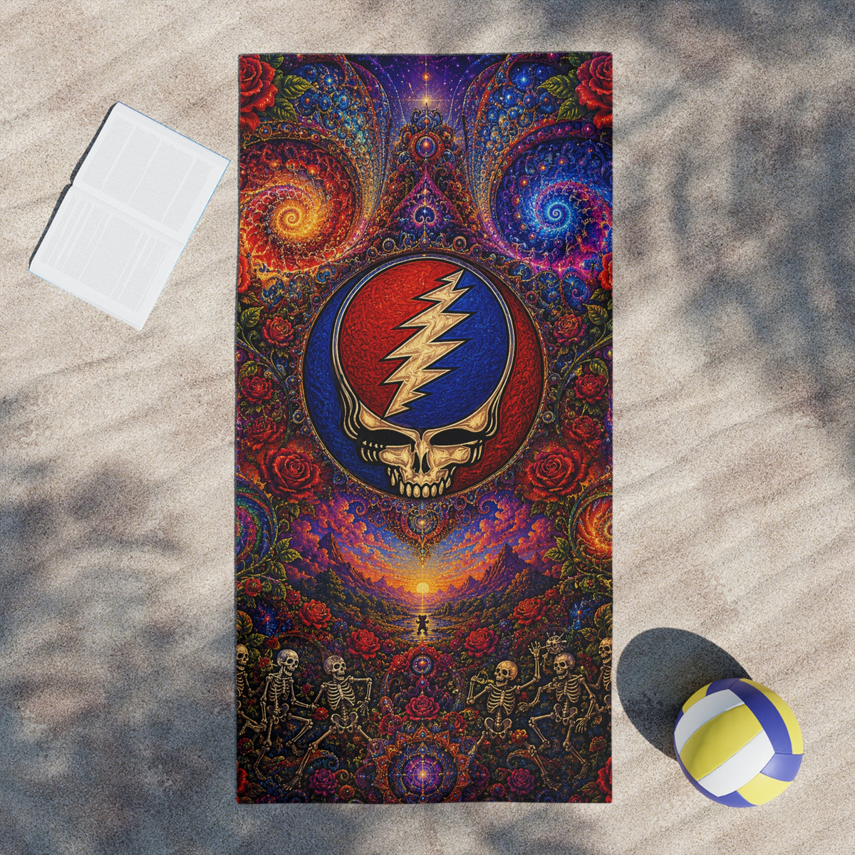 Steal Your Face Skull Psychedelic Beach Towel | Grateful Dead Spiral Roses