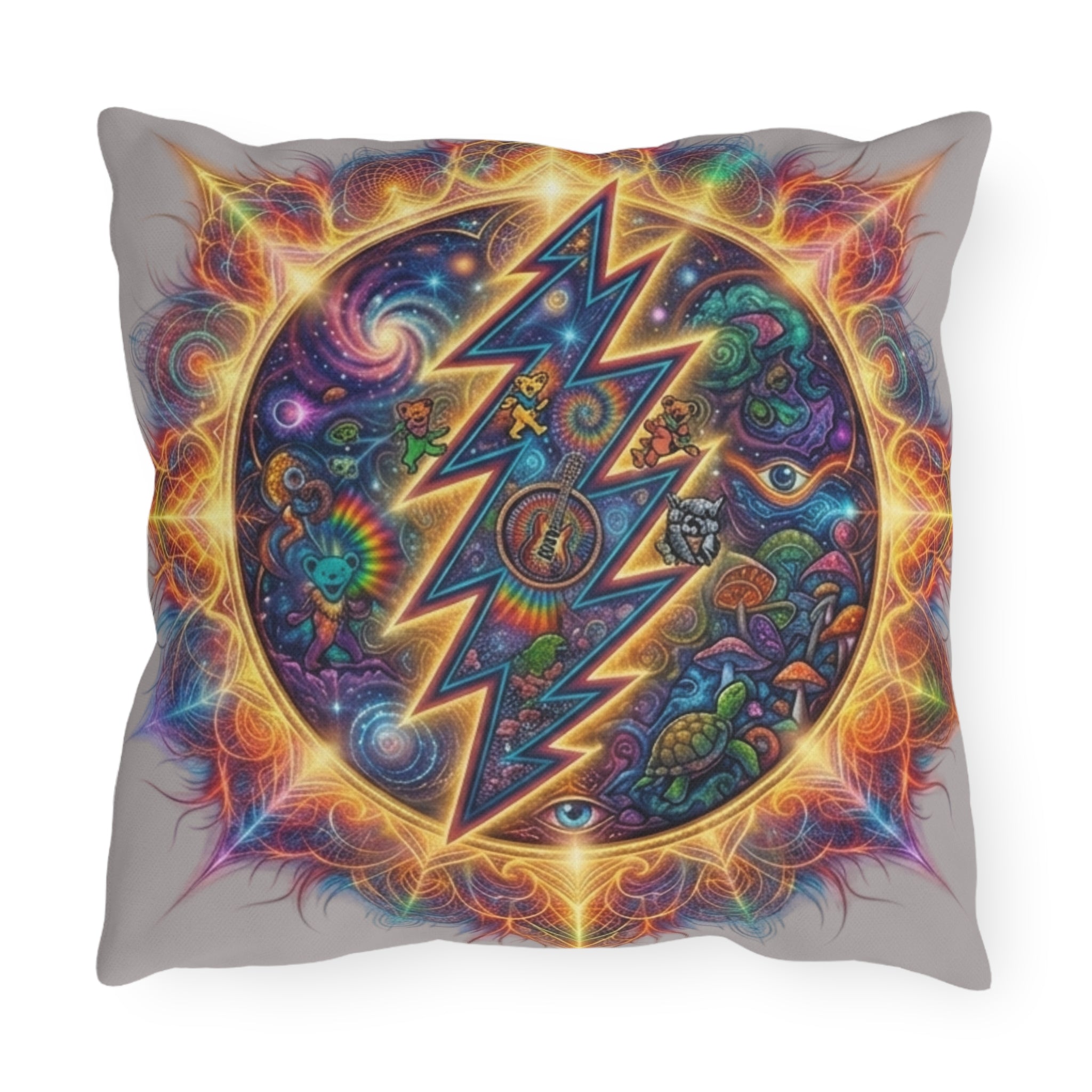 Psychedelic Steal Your Face Lightning Bolt Outdoor Pillow | Grateful Dead Inspired, Colorful Cosmic Mushroom Design
