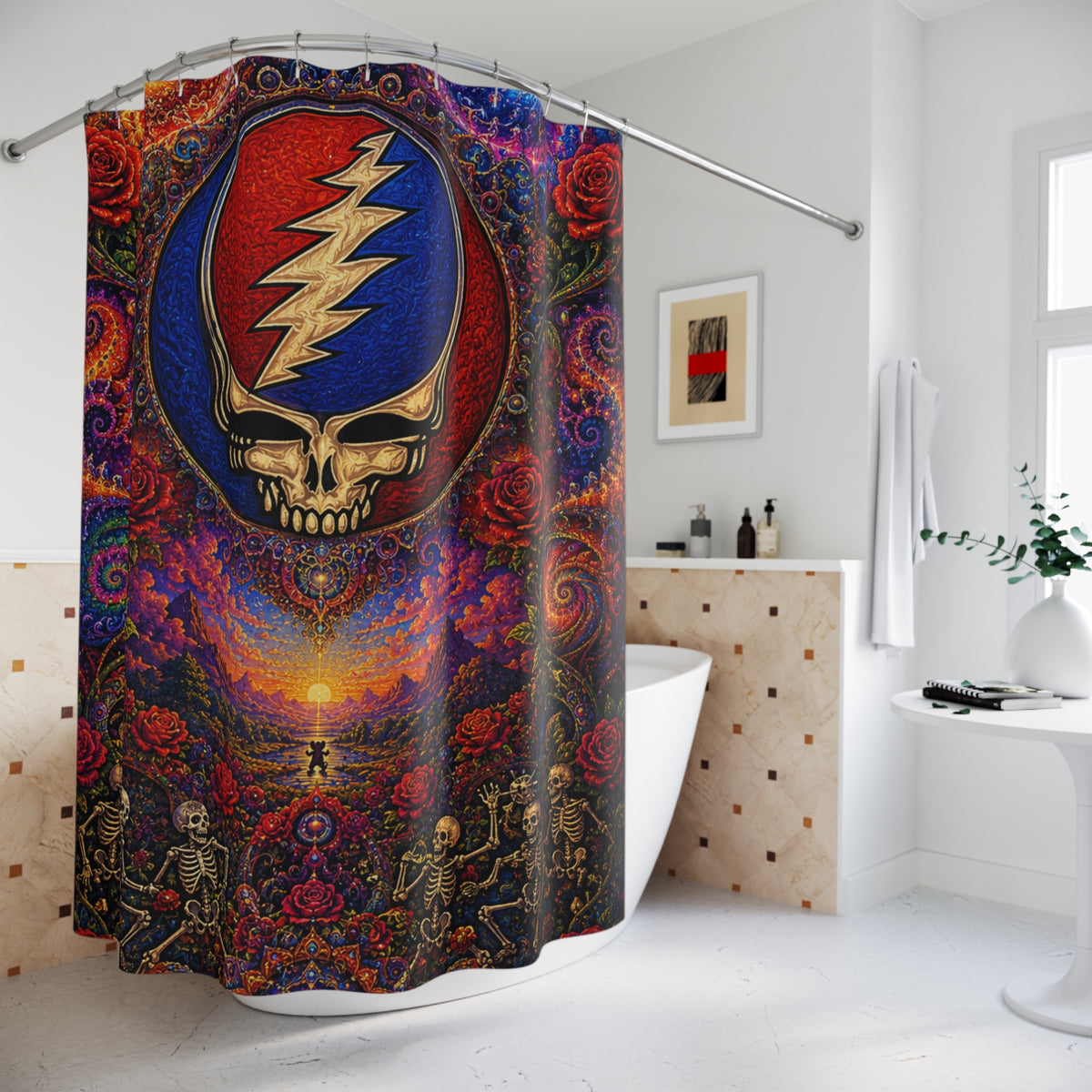 Steal Your Face Skull Lightning Shower Curtain | Psychedelic Grateful Dead Bath Decor