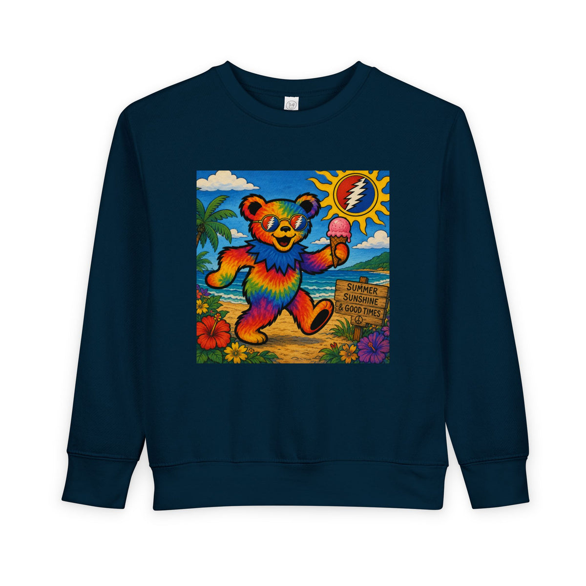Dancing Tie-Dye Bear Toddler Sweatshirt | Surfboard Beach Grateful Dead Vibe