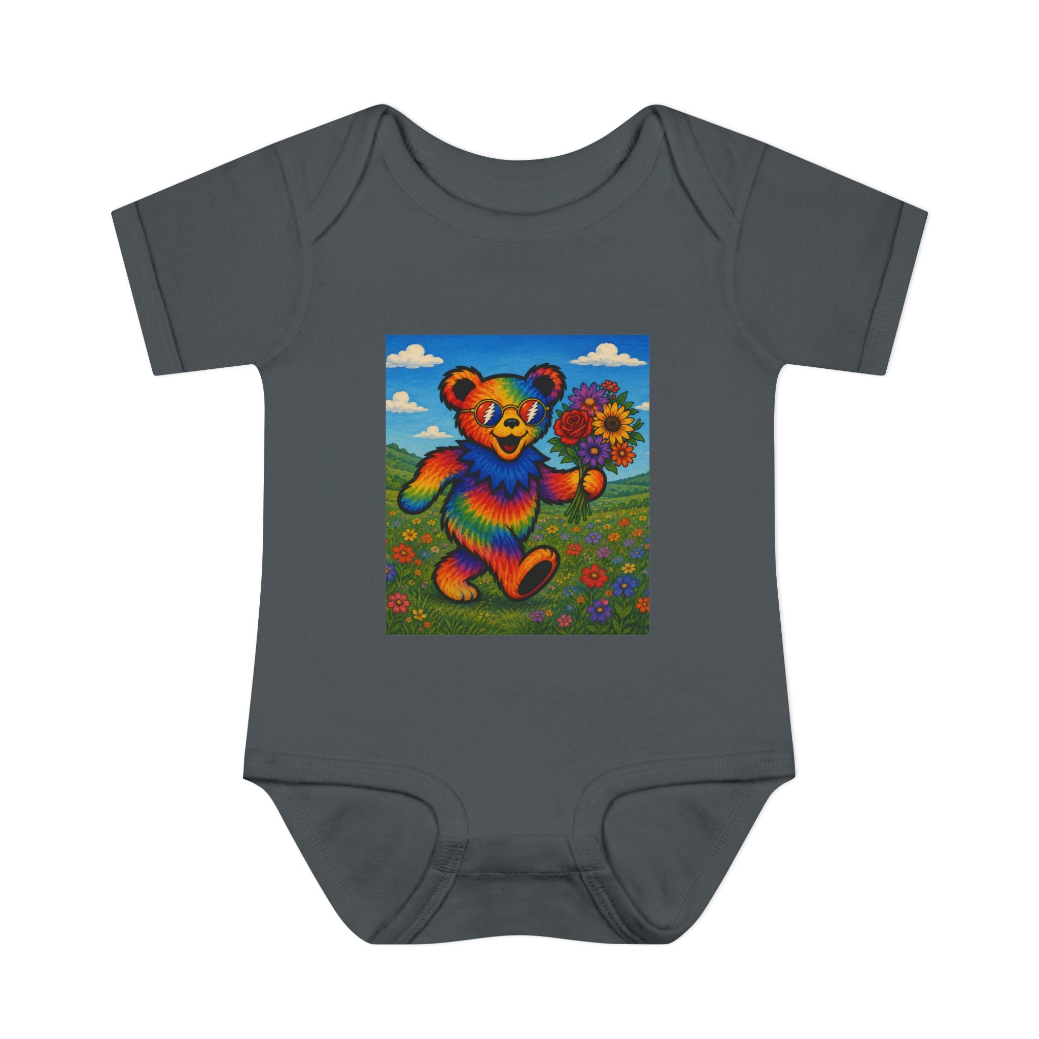 Grateful Dead Rainbow Tie Dye Bear Holding Sunflower Infant Bodysuit