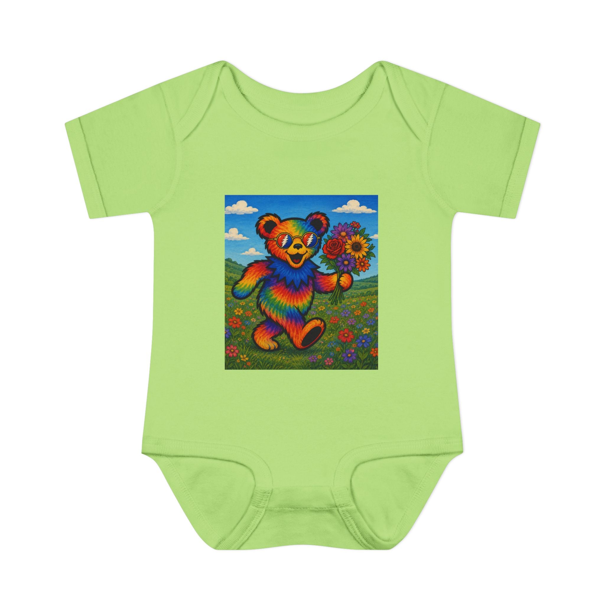 Grateful Dead Rainbow Tie Dye Bear Holding Sunflower Infant Bodysuit