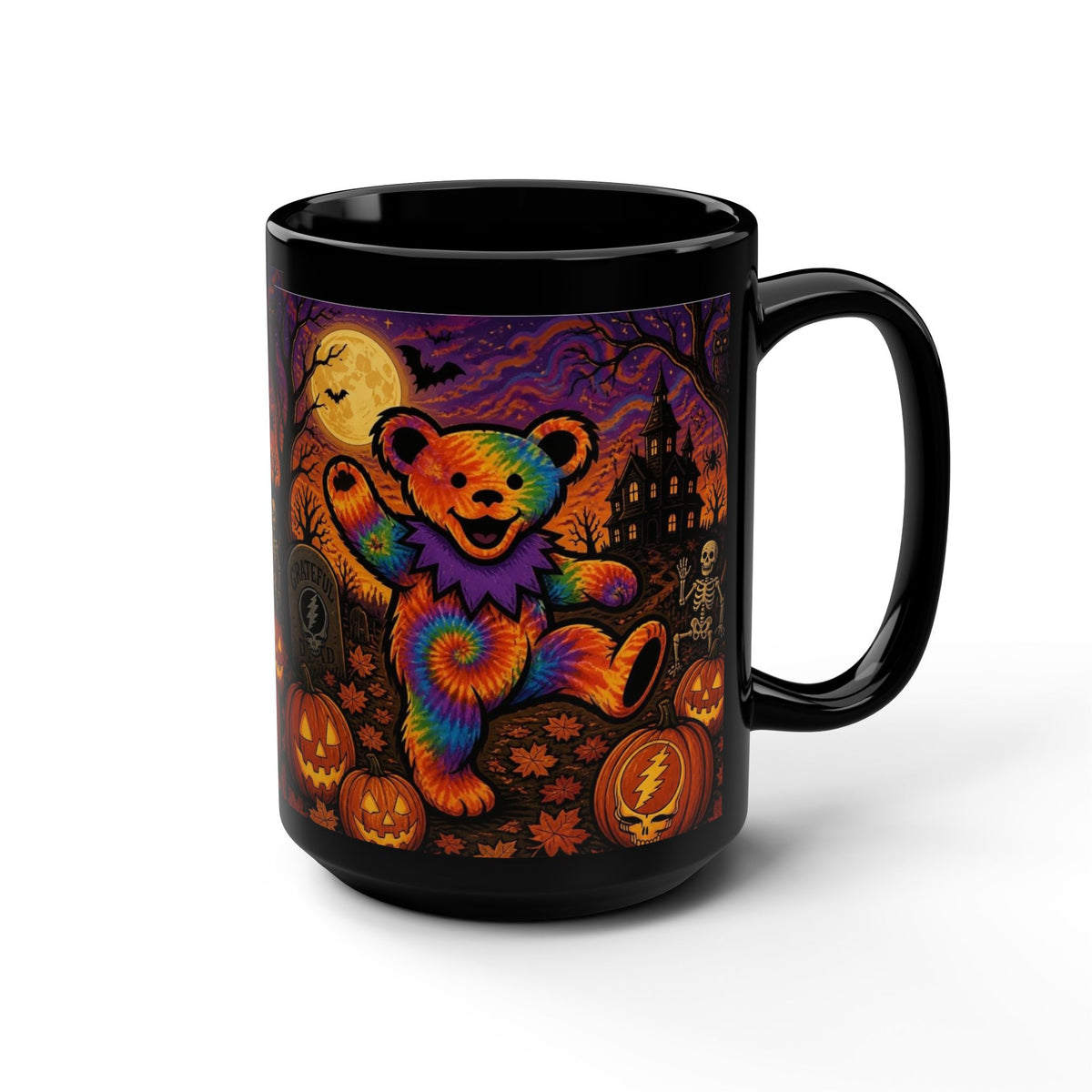 Tie-Dye Dancing Bear Halloween Mug | Spooky Pumpkin Graveyard, gift for deadhead