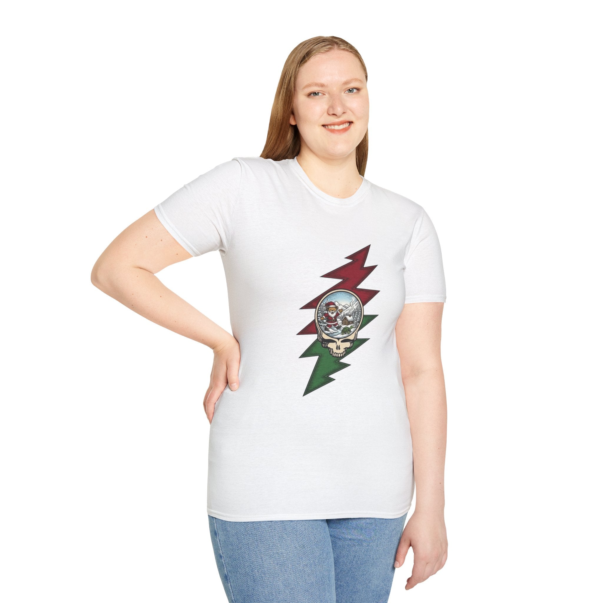 Santa Skull Lightning Bolt T-Shirt | Rock Christmas Holiday Tee, Grateful Dead inspired, Gift for a Deadhead