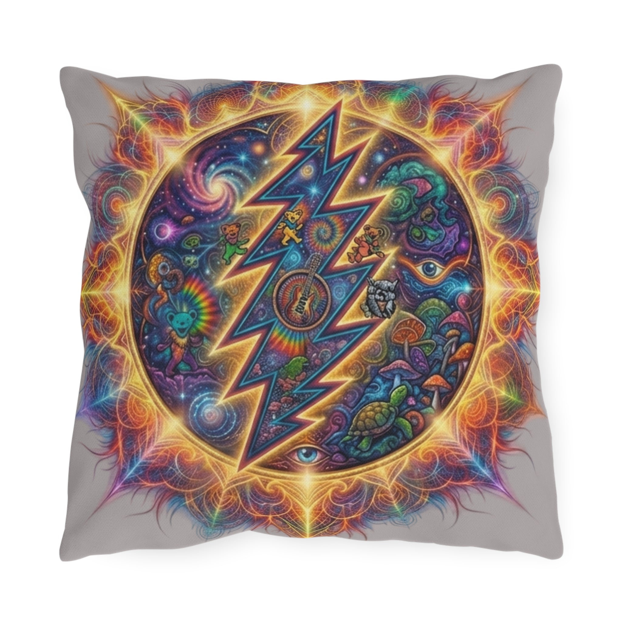 Psychedelic Steal Your Face Lightning Bolt Outdoor Pillow | Grateful Dead Inspired, Colorful Cosmic Mushroom Design