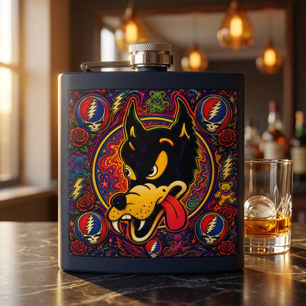 Psychedelic  Dire Wolf Head Flask, Grateful Dead, gift for a deadhead