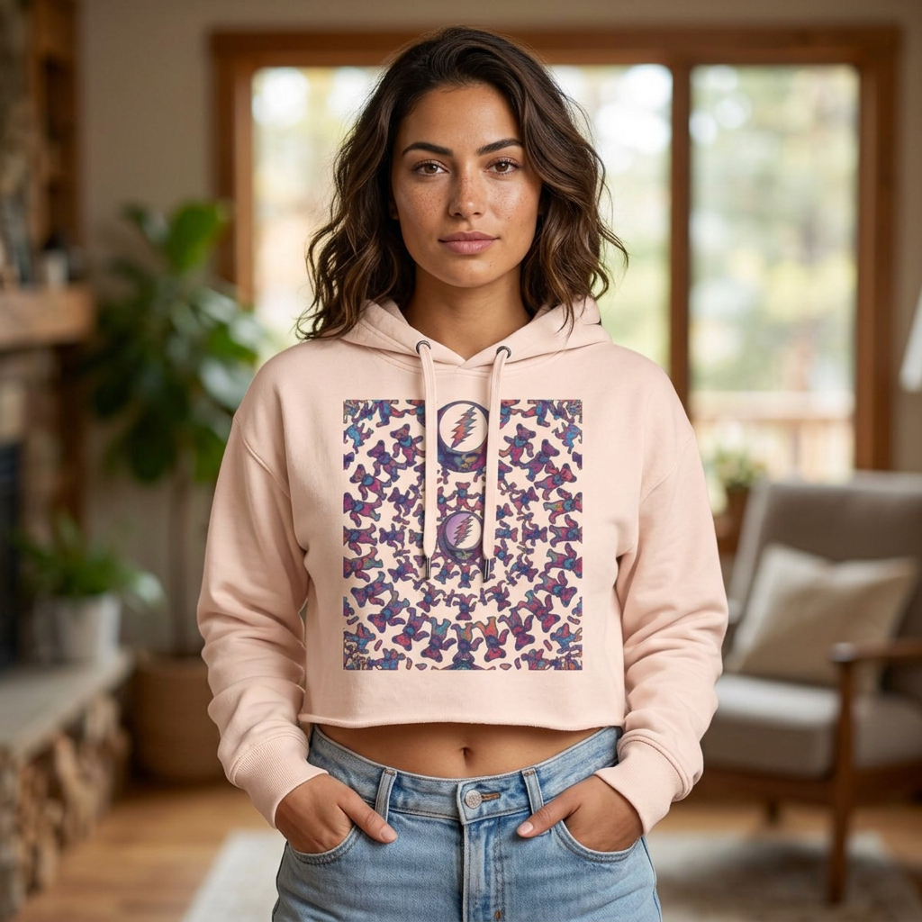 Grateful Dead bear mandala Crop Hoodie | Moon Phases Graphic, Pastel Aesthetic, gift for a deadhead, her,mom, grand mom, sister