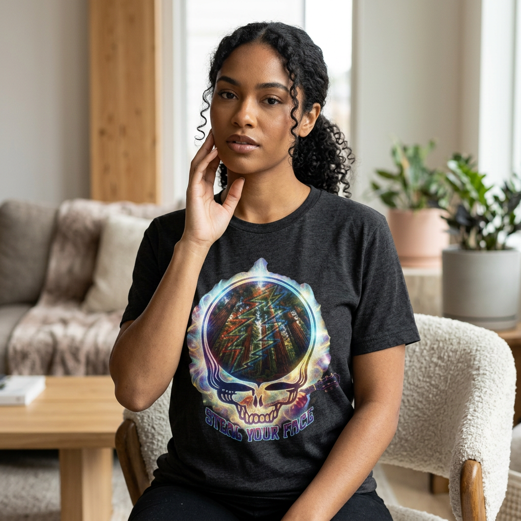 Psychedelic Skull Mirror Tee | Gift for a Deadhead, him/her , musician, Guitar Lightning Grateful Dead Style T-Shirt