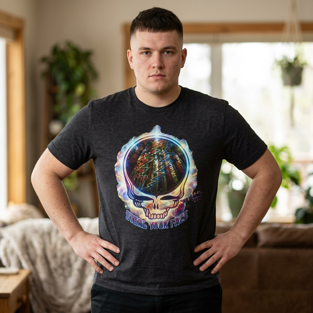 Psychedelic Skull Mirror Tee | Gift for a Deadhead, him/her , musician, Guitar Lightning Grateful Dead Style T-Shirt