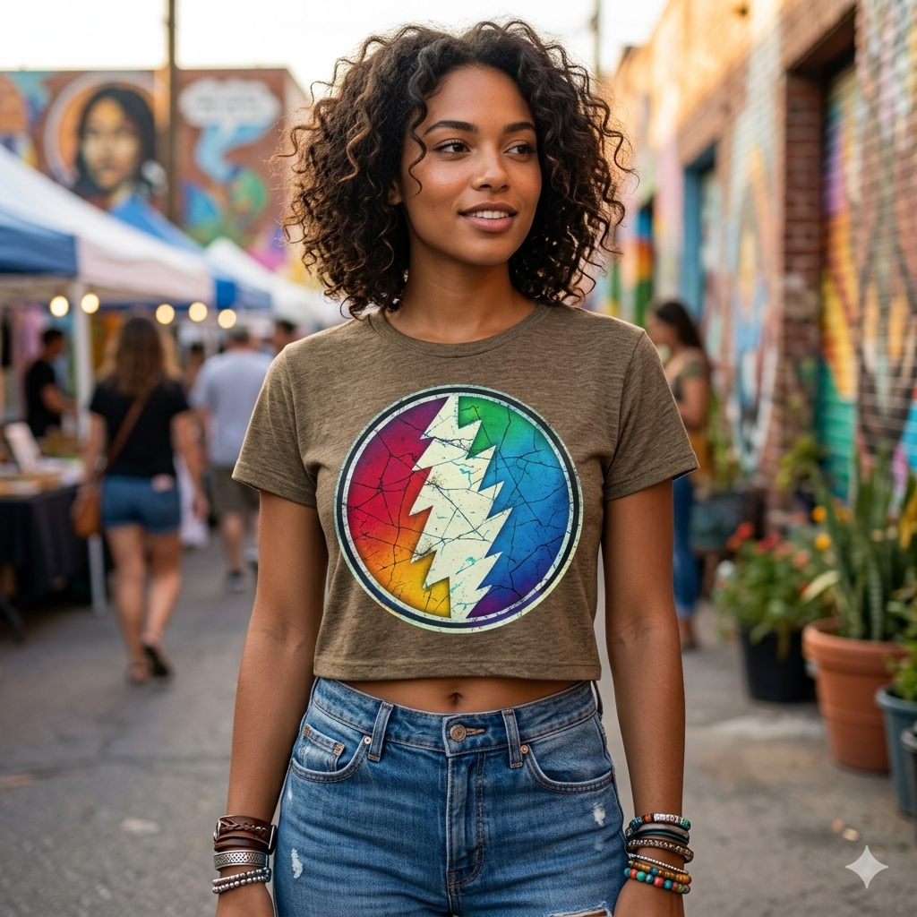 Rainbow Lightning Bolt Skull Crop Tee | Psychedelic Grateful Dead Style