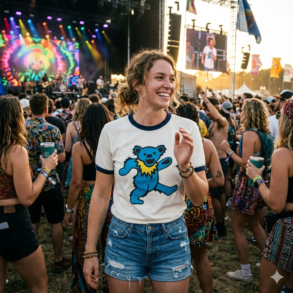 Dancing Blue Bear ringer tee | Vintage Grateful Dead-style bear shirt