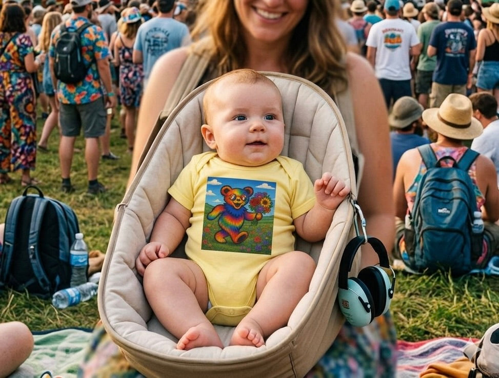 Grateful Dead Rainbow Tie Dye Bear Holding Sunflower Infant Bodysuit