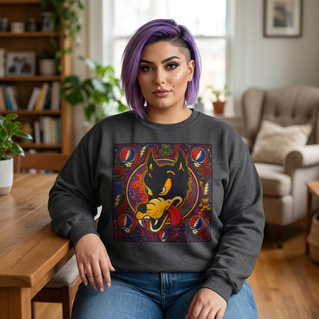 Psychedelic Dire Wolf Grateful Dead Crewneck Sweatshirt | Retro Skull Roses Band Icons