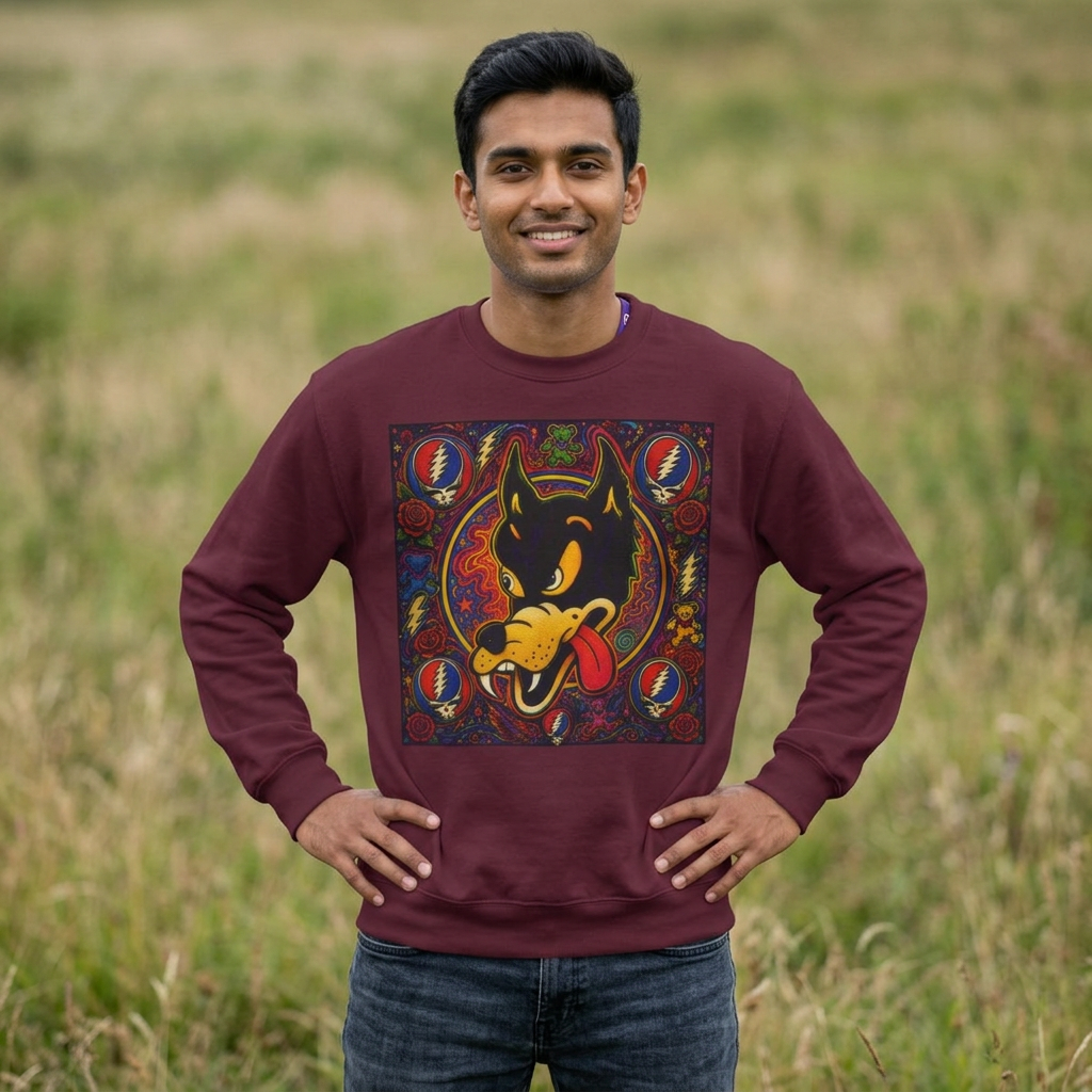Psychedelic Dire Wolf Grateful Dead Crewneck Sweatshirt | Retro Skull Roses Band Icons