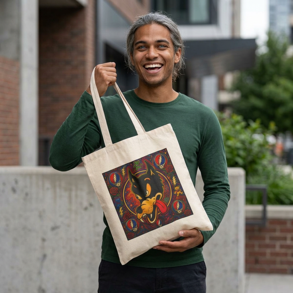 Retro Dire wolf Grateful Dead  Tote Bag | Psychedelic Badge Art, Vintage Style