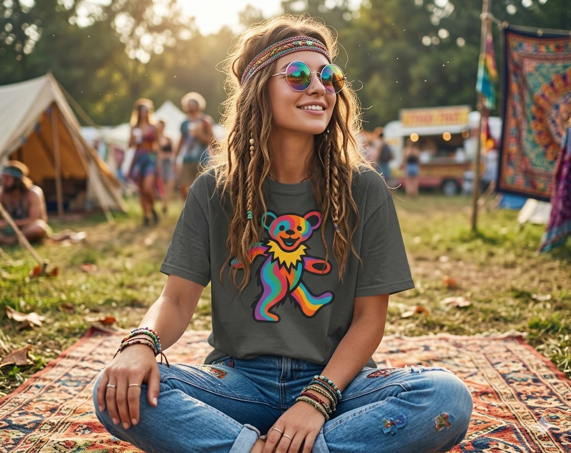 Colorful Dancing Bear shirt | Boxy Tee, Grateful Dead inspired, gift for a deadhead, shirt for a festival, yoga, home