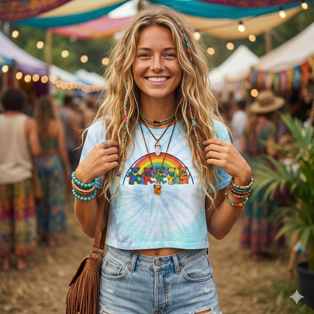 Dancing Bears Rainbow Tee | Tie-Dye Crop Tee, gift for her, deadhead, Grateful Dead inspired
