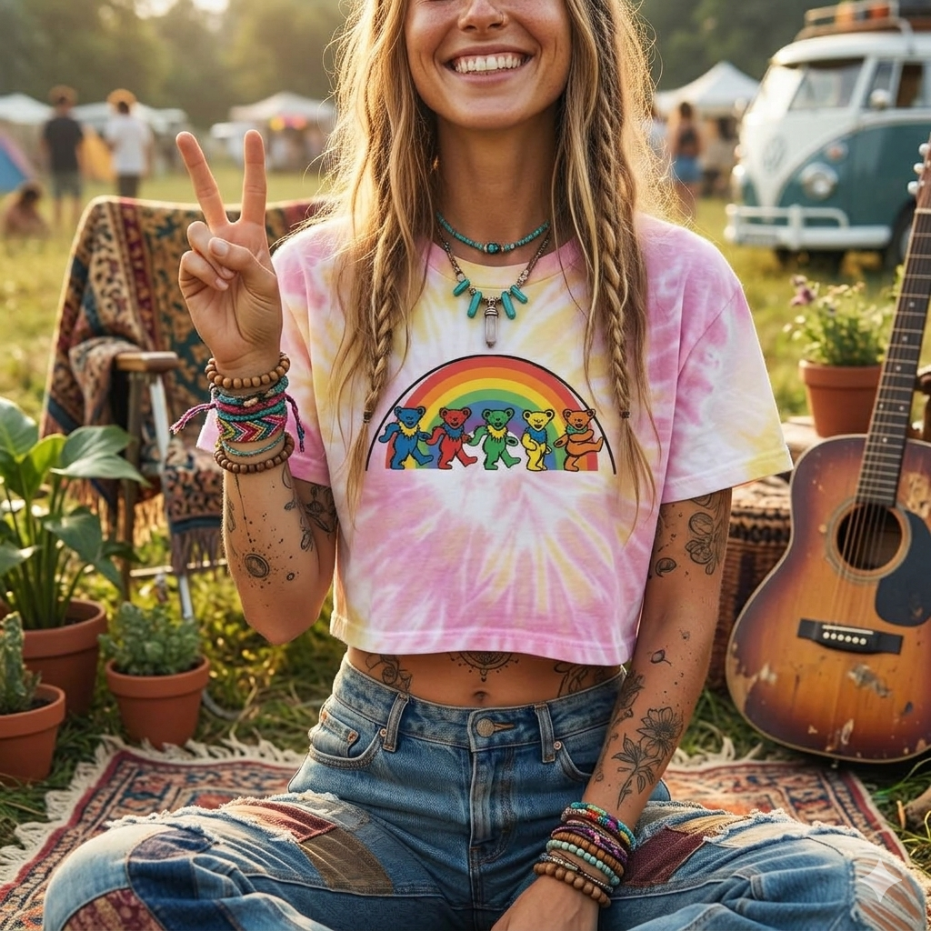Dancing Bears Rainbow Tee | Tie-Dye Crop Tee, gift for her, deadhead, Grateful Dead inspired