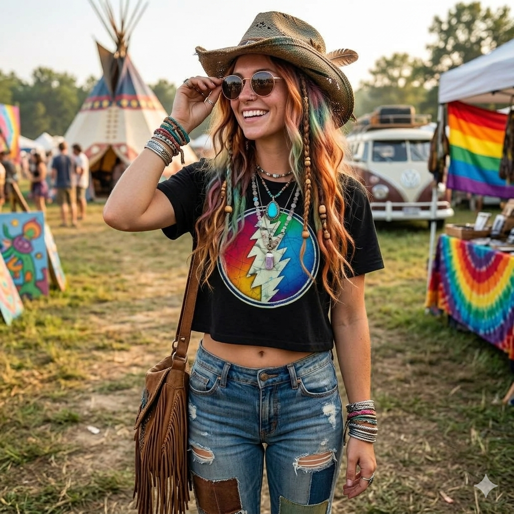 Rainbow Lightning Bolt Circle T-Shirt | Retro Grateful Dead Inspired, gift for her, deadhead