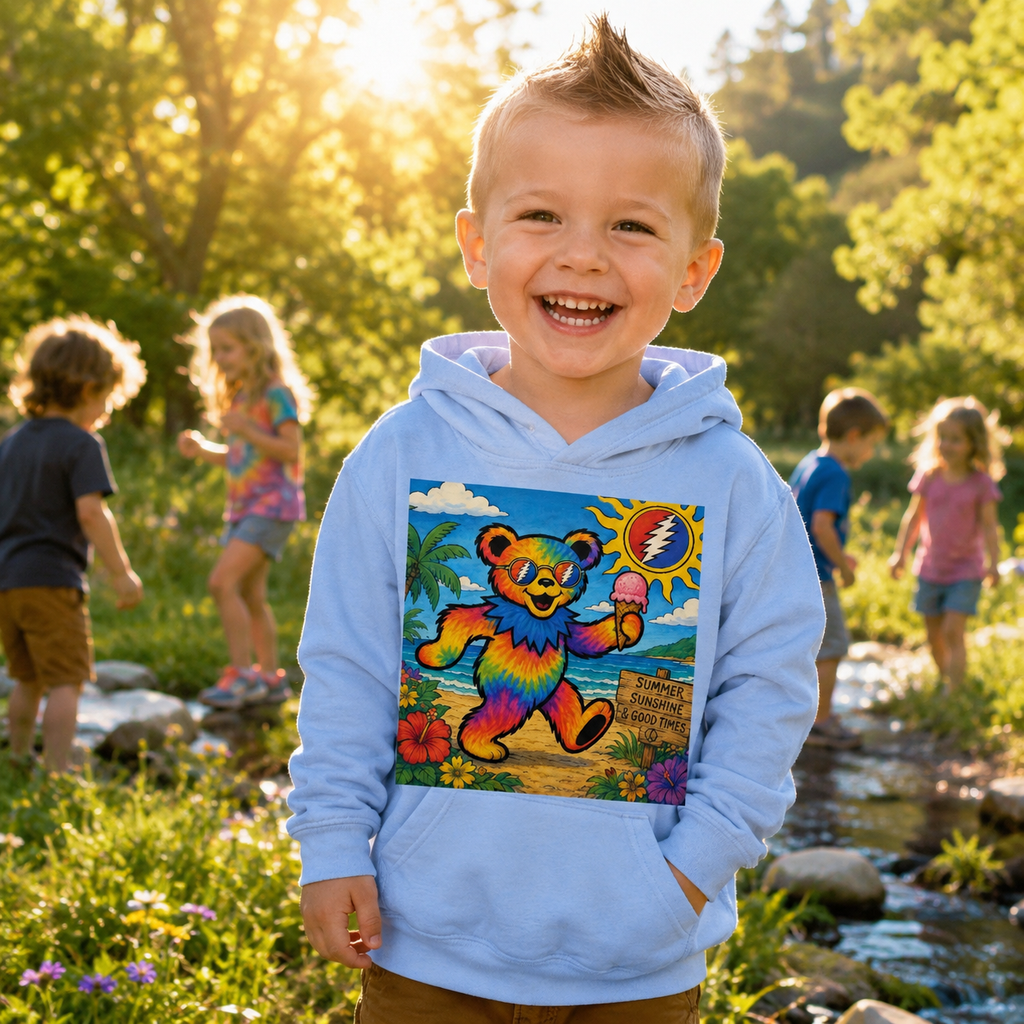 Rainbow Dancing Bear Kids Hoodie | Psychedelic Grateful Dead Style, Summer Beach Scene