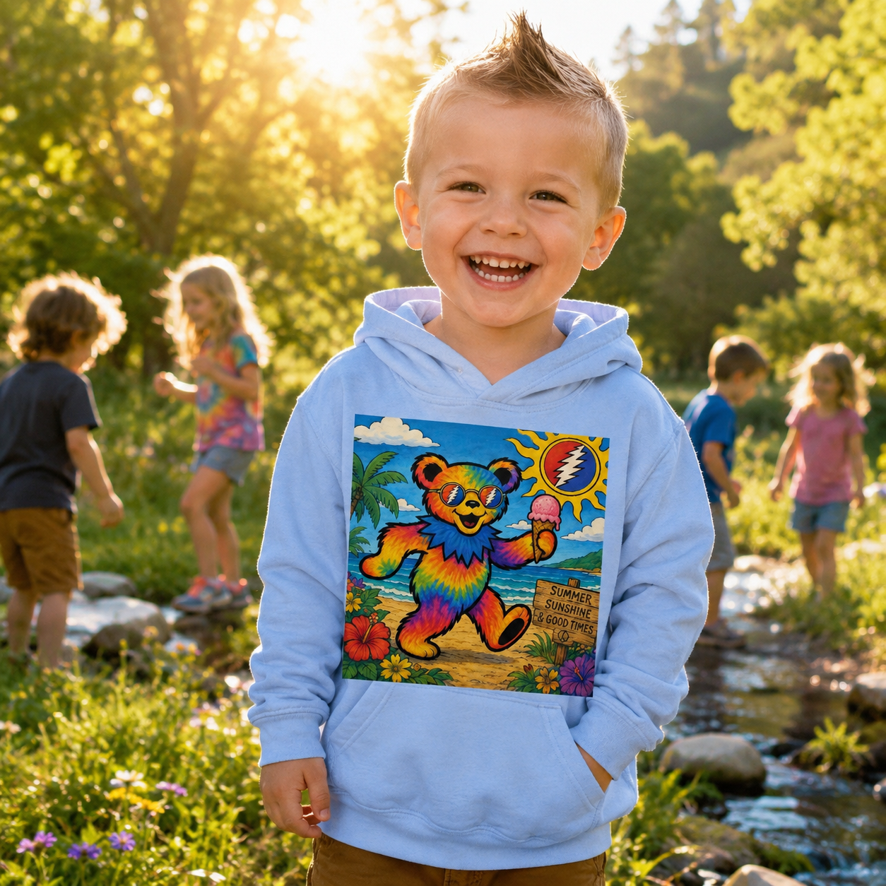 Rainbow Dancing Bear Kids Hoodie | Psychedelic Grateful Dead Style, Summer Beach Scene